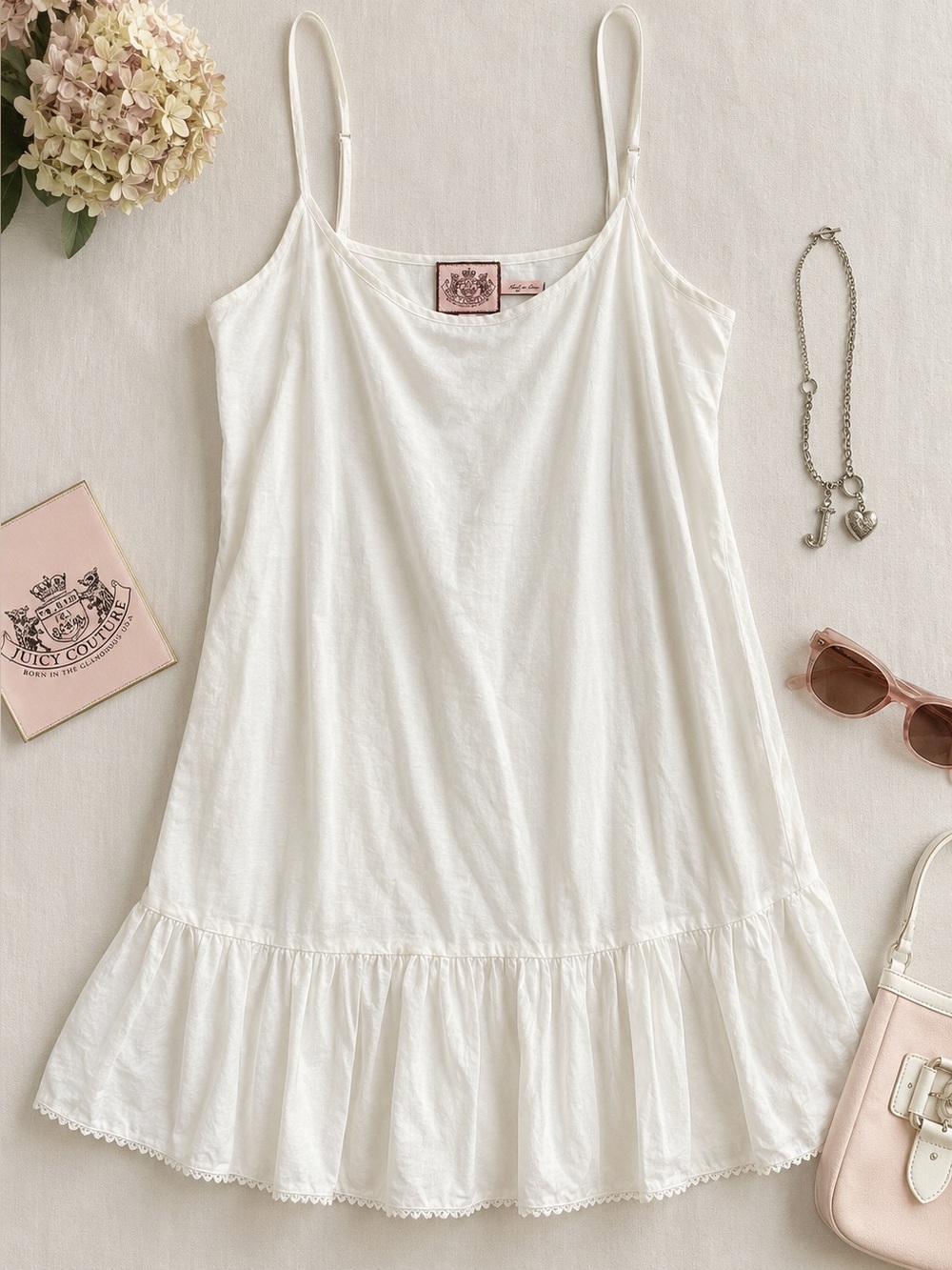 Vintage Y2K Juicy Couture White Cotton Ruffle Hem Slip Dress Coquette Fairy